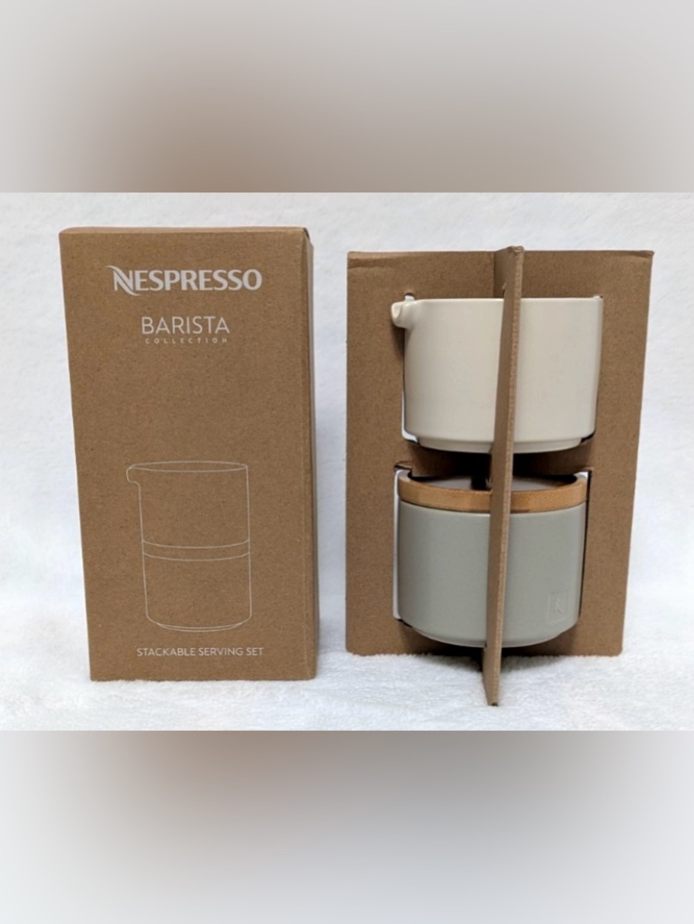 Nespresso (New in box) Cream Ceramic Cup and Bamboo Lid Sugar bowl Duo
